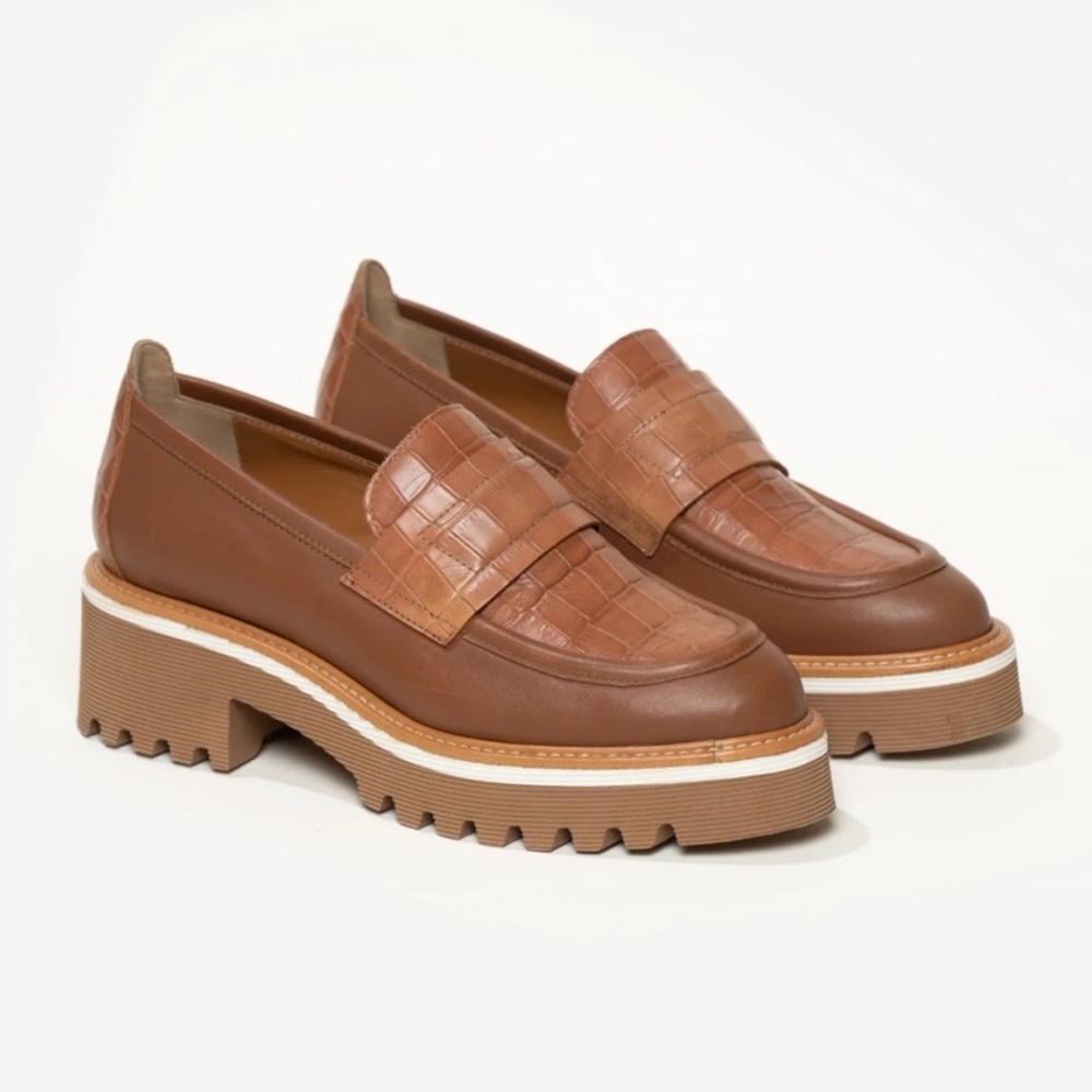 M. Gemi || The Elsa Lug Sole Loafers Croc Embossed Leather Platform Tan 41